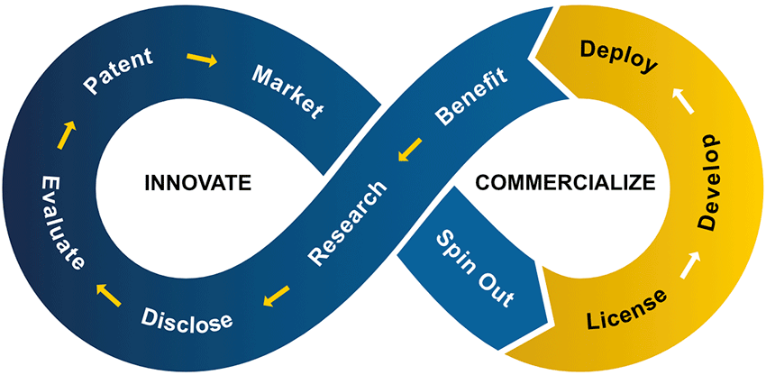 Innovation and commercialization cycle, with commercialization side highlighted