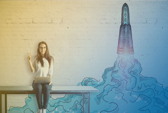 Woman on a bench next to a mural of a rocket launching