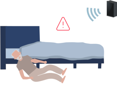 Mercury Health illustration of a device sending an alert when a person falls out of bed
